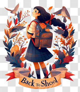 Back To School Text - Girl With Backpack In Autumn Leaves Transparent PNG