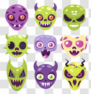 Halloween Characters - Colorful Monster Faces Transparent PNG