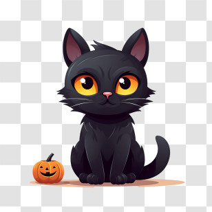 Halloween - Black Cartoon Cat With Pumpkin For Halloween Transparent PNG