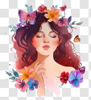 Watercolor Woman And Flowers - Illustration Of A Woman With Flowers And Butterflies Transparent PNG