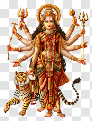 Durga Maa - Illustration Of Goddess Durga With Tiger Transparent PNG