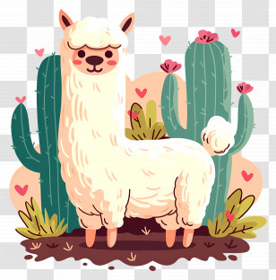 Alpaca Cartoon - Llama In Desert With Cactus Transparent PNG