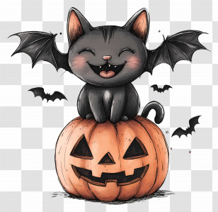 Halloween Black Cat - Cute Black Cat On Smiling Pumpkin With Bat Wings For Halloween Transparent PNG