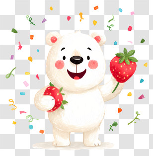 Bear Holding A Strawberry - Joyful White Bear Holding Strawberries Transparent PNG