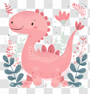 Cartoon Dinosaur - Adorable Pink Dinosaur With Floral Background Transparent PNG