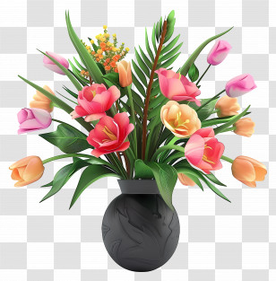 Flowers In Vase - Colorful Flower Bouquet In Black Vase Transparent PNG