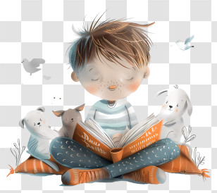 Childrens Bedtime Stories - Cartoon Child Reading A Book With Animals Transparent PNG