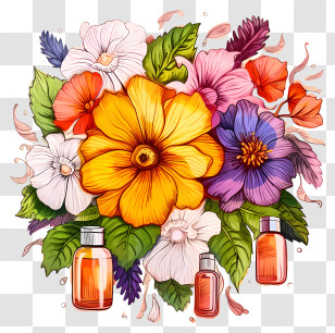 Doodle Flower Essences Therapy - Floral Bouquet With Essential Oil Bottles Transparent PNG