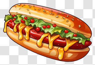 Hot Dog - Hotdog With Melted Cheese And Lettuce Transparent PNG