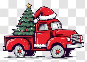 Red Pickup Truck - Red Truck Carrying A Christmas Tree With A Santa Hat Transparent PNG
