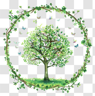 Arbor Day - Tree Surrounded By Green Vines And Butterflies Transparent PNG