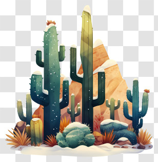 Snow Dusted Cacti - Vibrant Cactus Desert Illustration Transparent PNG