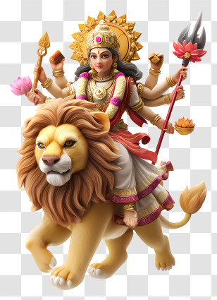 Chandraghanta - Ornate Goddess On Lion With Weapons Transparent PNG
