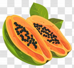 Papaya - Sliced Papaya With Seeds And Green Leaves Transparent PNG