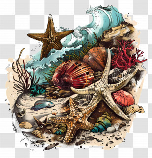 Beachcombing - Colorful Marine Life Illustration Transparent PNG