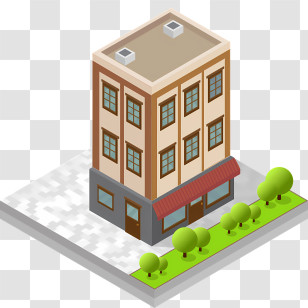 Cartoon - Building With Trees And Sidewalk Illustration Transparent PNG