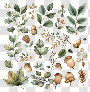 Dried Flowers - Acorns And Foliage Illustration Transparent PNG
