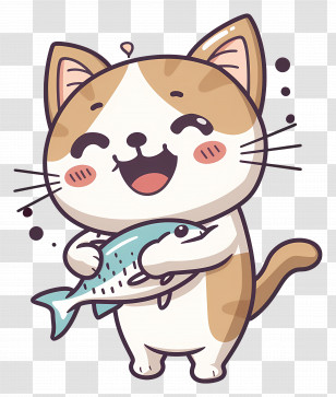 Cat Holding Fish - Cute Cartoon Cat Holding Fish Transparent PNG