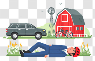 Man Falling Off Bicycle - Accident Scene With Bicycle And Barn Transparent PNG