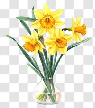 Daffodil Simplistic Vector Art - Yellow Daffodils In Glass Vase Illustration Transparent PNG