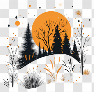 December Solstice - Silhouette Trees With Orange Sun Transparent PNG