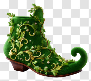 Elf Shoe - Green Ornate Boot With Leaf Design For Christmas Transparent PNG