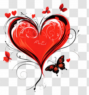 Valentine Heart - Artistic Red Heart With Butterflies And Decorative Swirls Transparent PNG