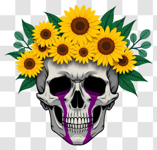 Halloween Skull Flowers - Artistic Skull With Sunflowers Transparent PNG