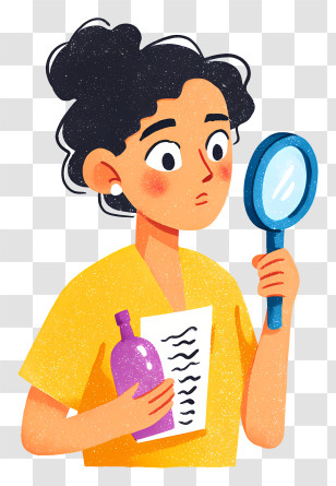 Woman Examining Product Label - Person Inspecting Bottle With Magnifier Transparent PNG
