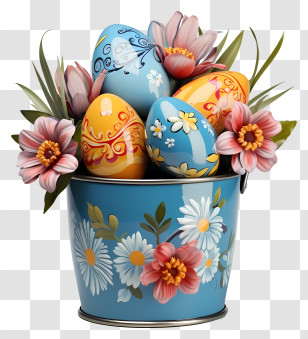 Blue Vase - Festive Bucket Of Painted Easter Eggs And Flowers Transparent PNG