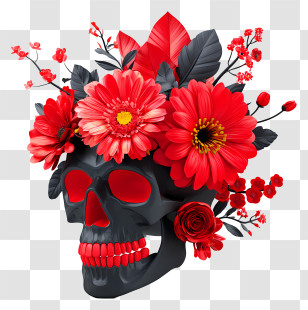 Halloween Skull Flowers - Skull With Red Flowers Transparent PNG