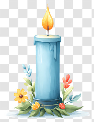 Watercolor Candle - Blue Candle With Floral Decoration Transparent PNG