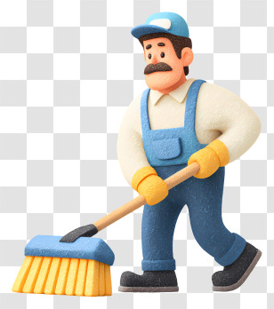 Man Janitor Cleaning Street - Cartoon Janitor Sweeping With Broom Transparent PNG