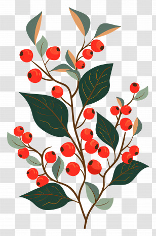 Christmas Holly - Berry Bush With Red Fruits And Leaves Transparent PNG