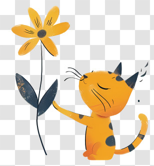 Cat Playing Flowers - Cute Orange Cat Admiring A Yellow Flower Transparent PNG