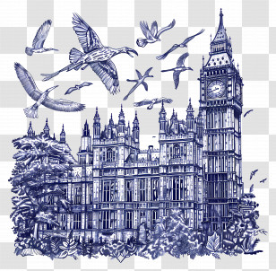 London Natural History Museum - Big Ben And Birds Illustration Transparent PNG