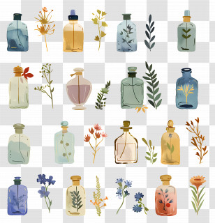 Perfume Bottle - Glass Bottles With Plants And Flowers Illustration Transparent PNG