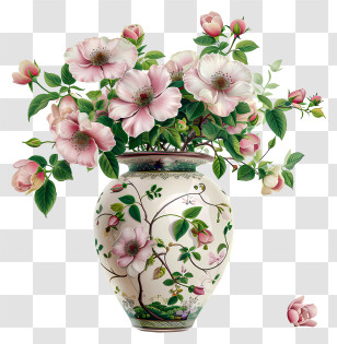 Dog Rose Flower - Floral Vase With Pink Roses And Leafy Details Transparent PNG