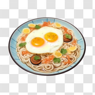 Noodles - Bowl Of Noodles Topped With Fried Eggs Transparent PNG