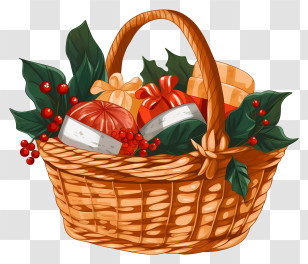 Fruit Basket - Festive Gift Basket With Wrapped Presents And Holly Leaves Transparent PNG
