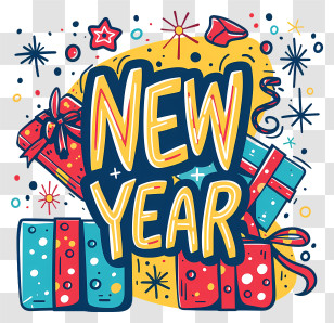 New Year - New Year Celebration Design With Gifts And Fireworks Transparent PNG