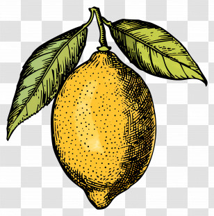 Lemon Vintage - Yellow Lemon Illustration With Green Leaves Transparent PNG
