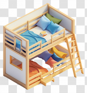 Bunk Beds - Wooden Bunk Bed With Colorful Pillows Transparent PNG