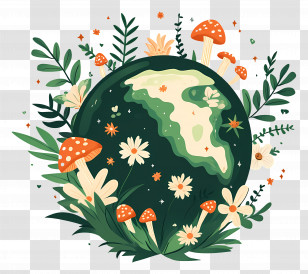 Ecology - Green Earth Encompassed By Mushrooms And Flowers Art Transparent PNG