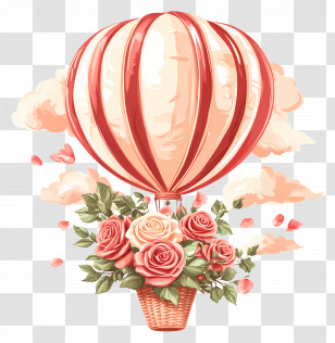 Rose Hot Air Balloon - Hot Air Balloon With Floral Basket Transparent PNG
