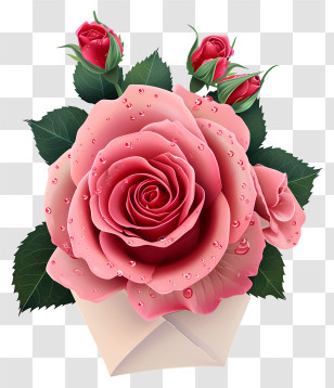 Valentine Rose Icon - Pink Roses With Droplets In Envelope Transparent PNG