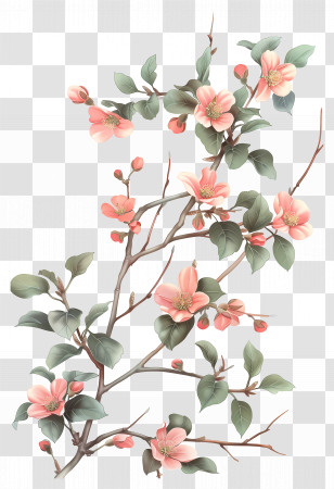 Pink Flowers - Delicate Flowering Tree Branch Illustration Transparent PNG