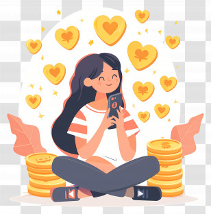 Likes - Girl Interacting On Smartphone With Coins And Hearts Illustration Transparent PNG