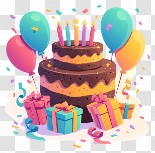 Birthday Cake - Festive Birthday Cake With Presents And Balloons Transparent PNG