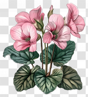 Pink Cyclamen - Pink Flowers With Lush Green Leaves Artwork Transparent PNG